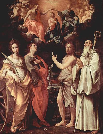 Guido Reni Marienkronung mit Hl. Katharina von Alexandrien, Hl. Johannes Evangelist, Hl. Johannes der Taufer, Hl. Romuald von Camaldoli oil painting picture